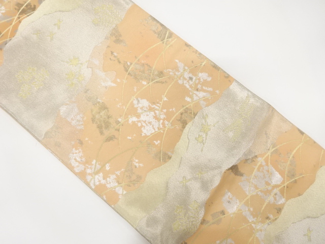 アンティーク　道長取りに芝草・花鳥模様織り出し袋帯(着用可)